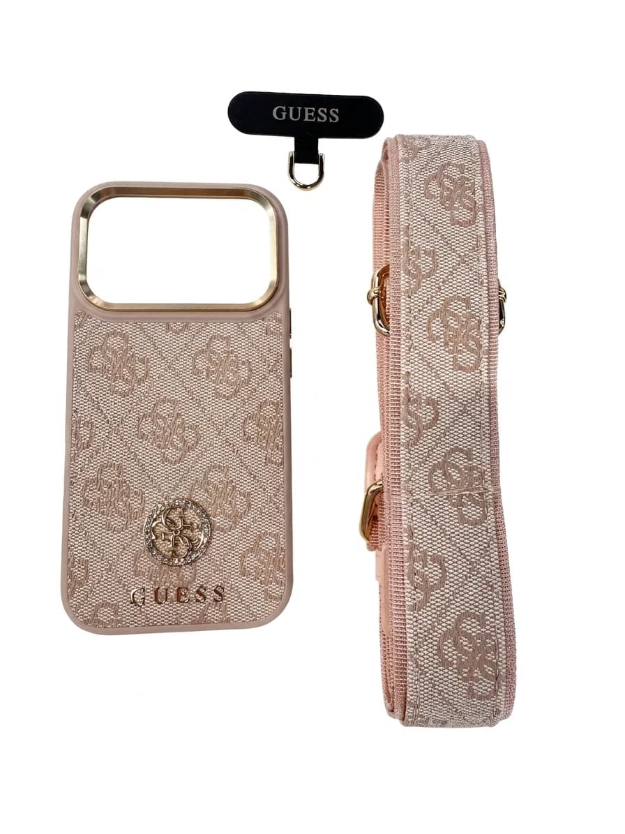 GUESS 4G Metall-Logo Hülle mit Crossbody-Gurt für iPhone 15 Pro Max – Pink