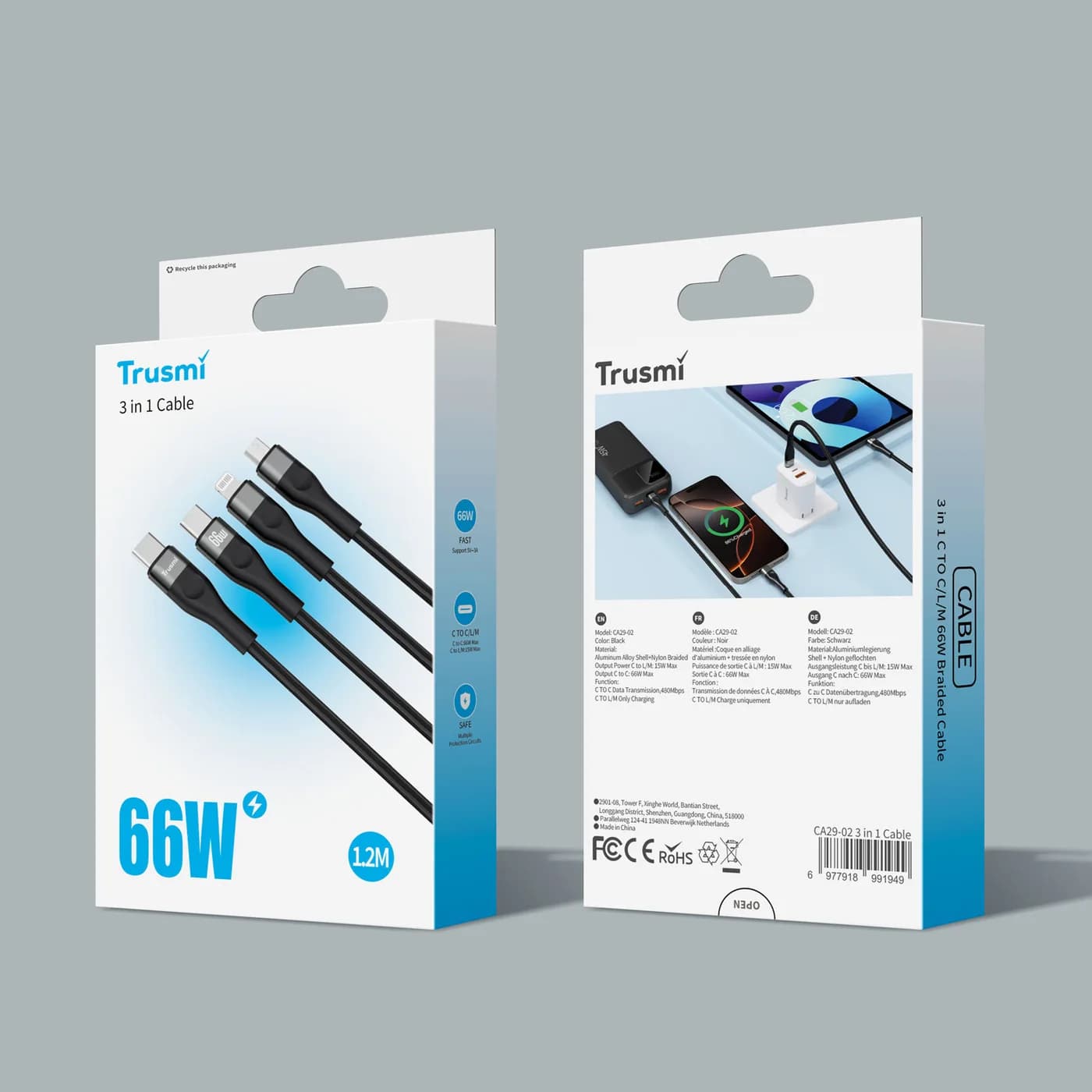 TRUSMI CA29-02 66W 3 in 1 C TO C/L/M 66W Braided Cable Black 1.2M 5