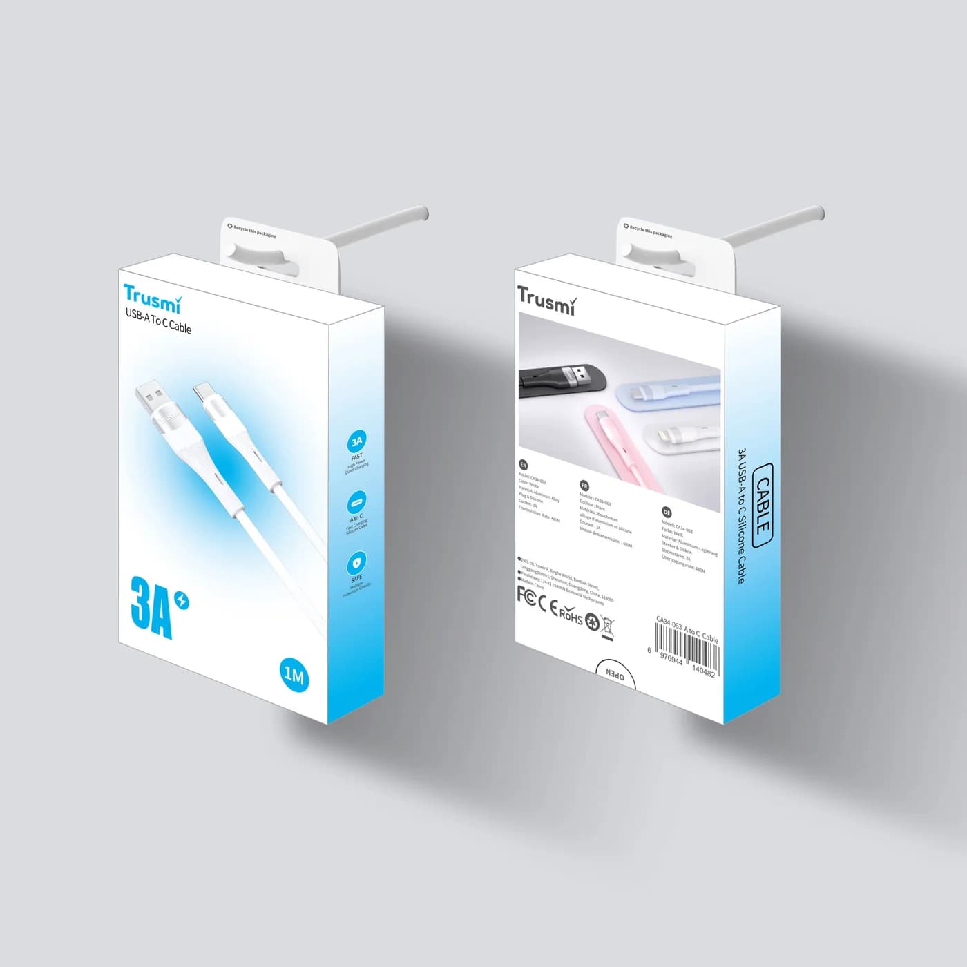 TRUSMI CA34-061/062/063/064 3A USB-A to C Silicone Cable White 1M 5