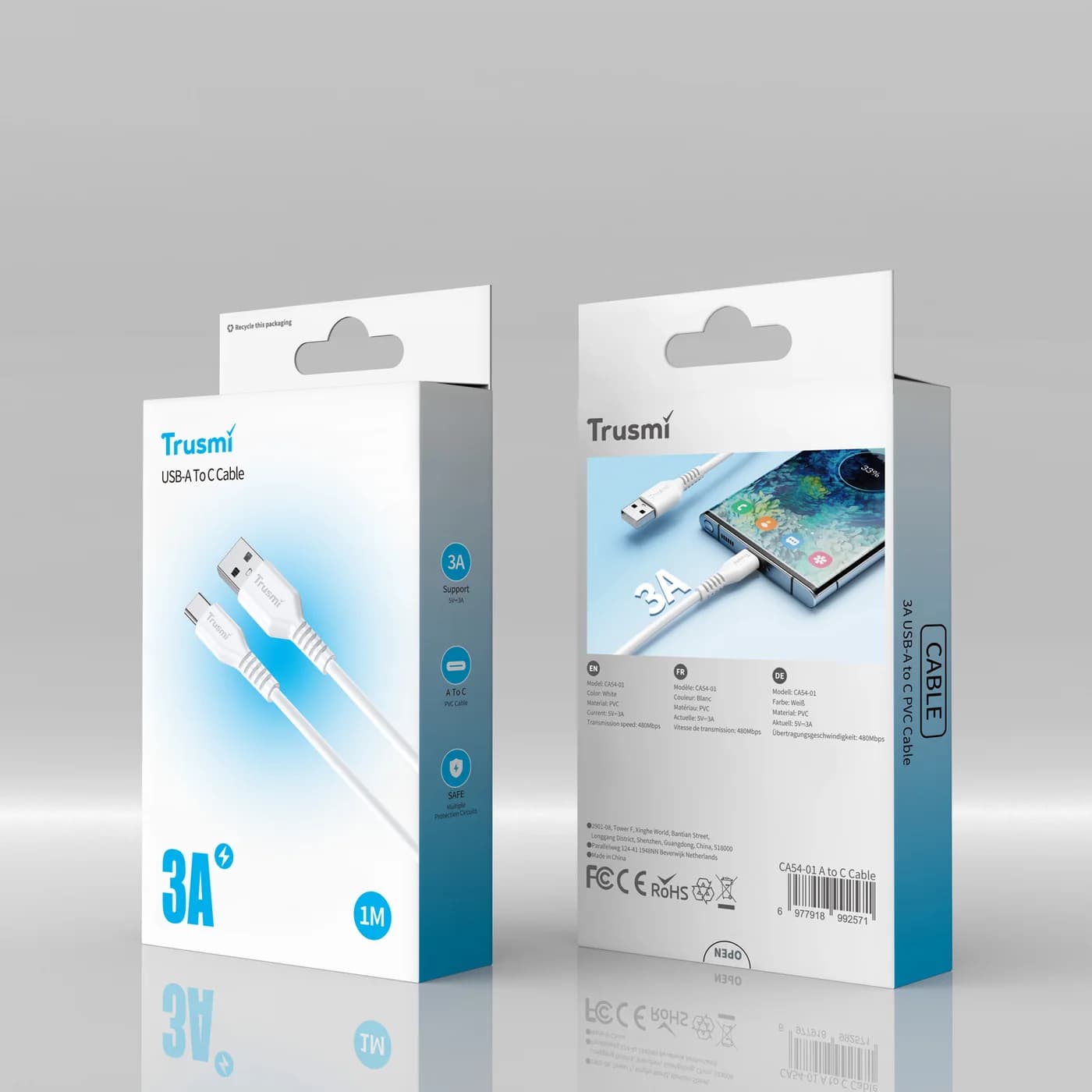 TRUSMI CA54-01 3A A-zu-C-Ladekabel Weiß 1M 5