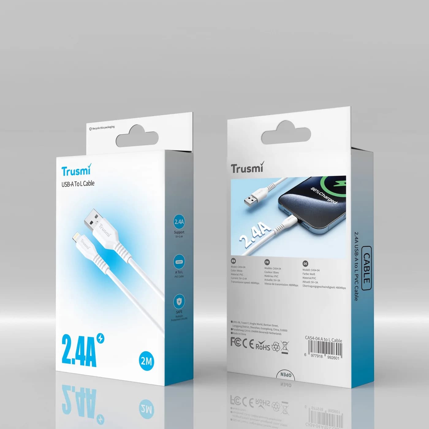 TRUSMI CA54-04 2,4 A A-zu-L-Ladekabel weiß 2 m 5