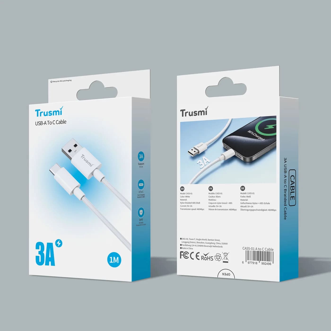 TRUSMI CA55-01 3A A bis C geflochtenes Ladekabel weiß 1 m 5