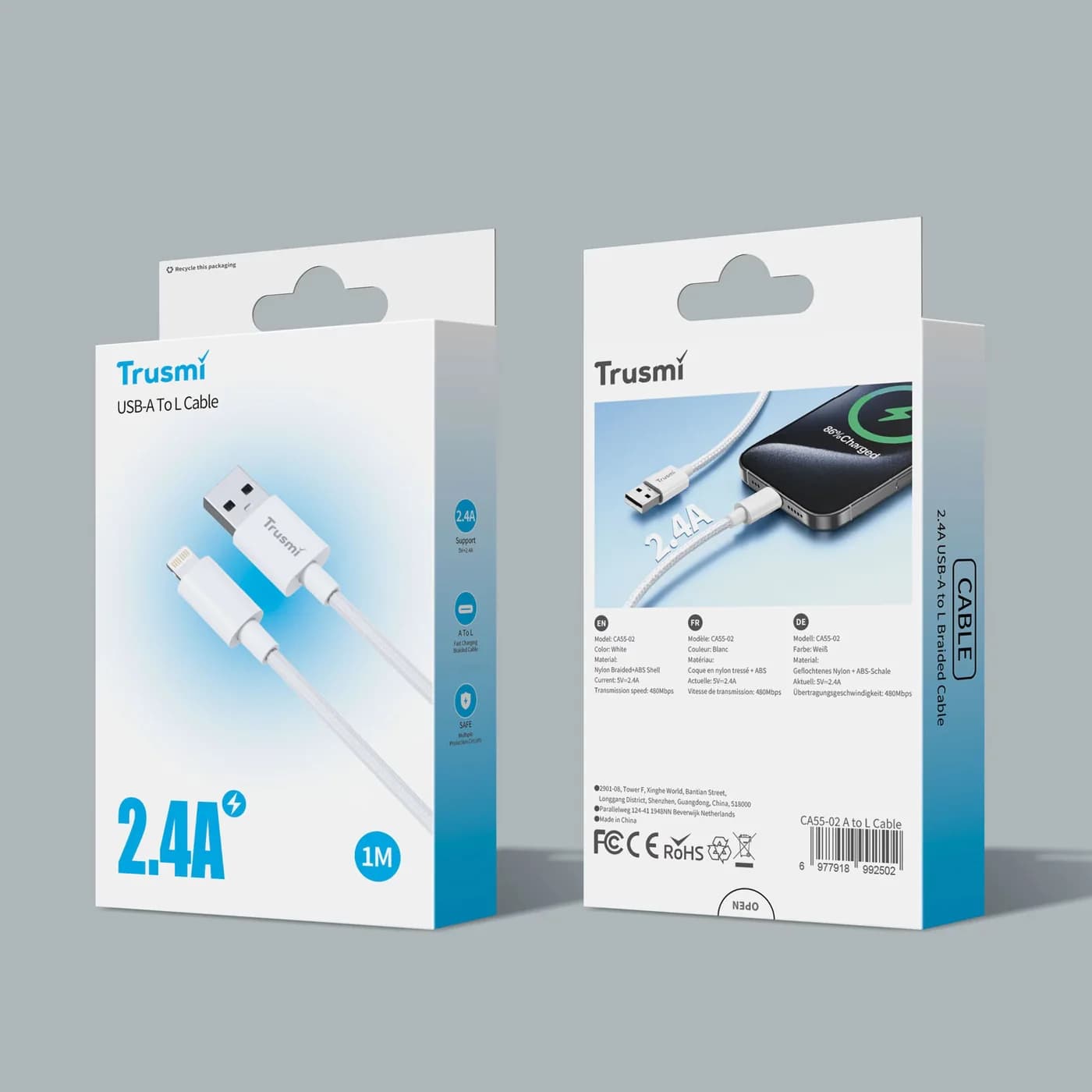 TRUSMI CA55-02 2.4A A To L Braided Charging Cable White 1M 5