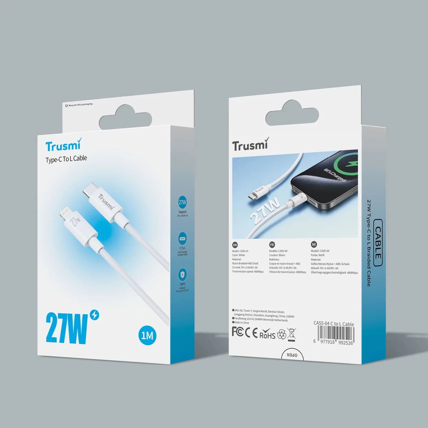 TRUSMI CA55-04 27 W geflochtenes C-zu-L-Ladekabel weiß 1 m 5