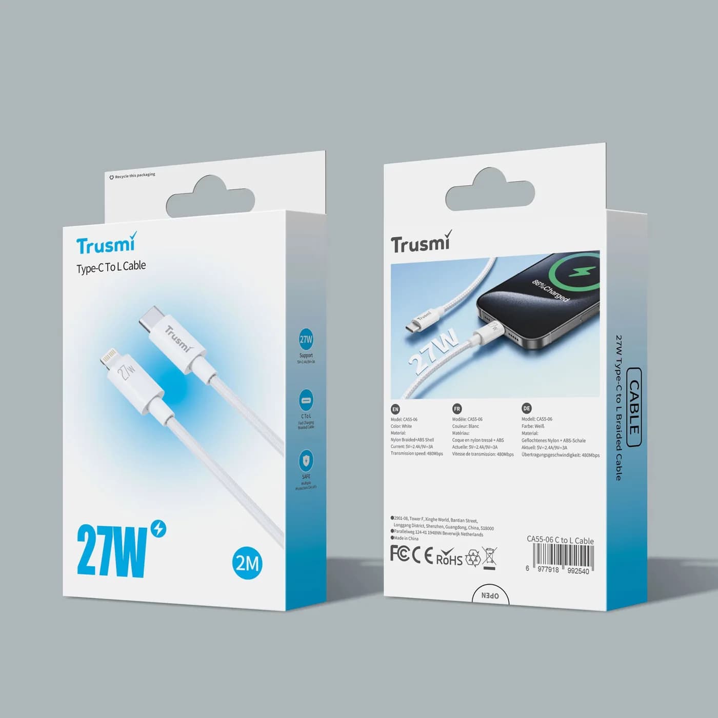 TRUSMI CA55-06 27 W geflochtenes C-zu-L-Ladekabel weiß 2 m 5