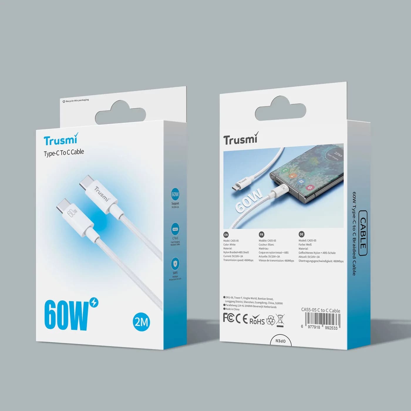 TRUSMI CA55-05 60W C To C Braided Charging Cable White 2M 5