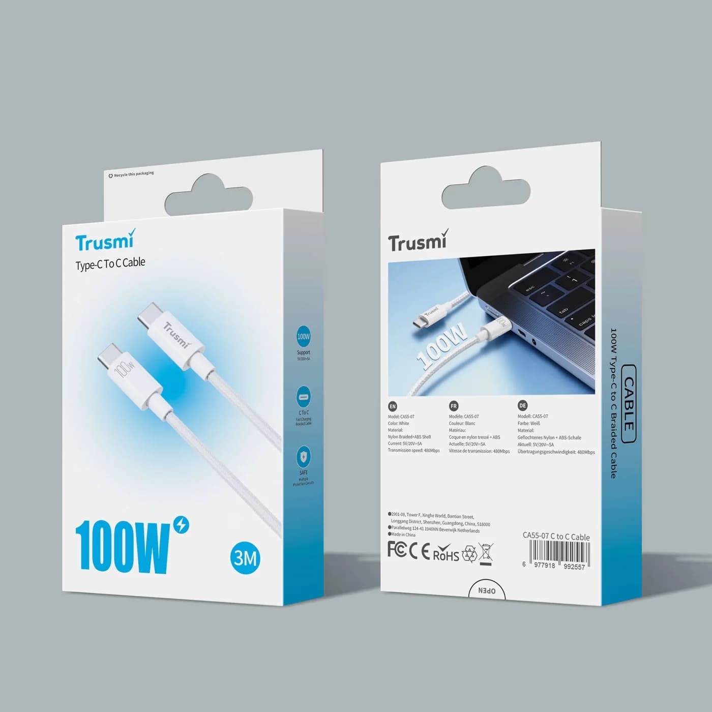 TRUSMI CA55-07 100W C To C Braided Charging Cable White 3M 5