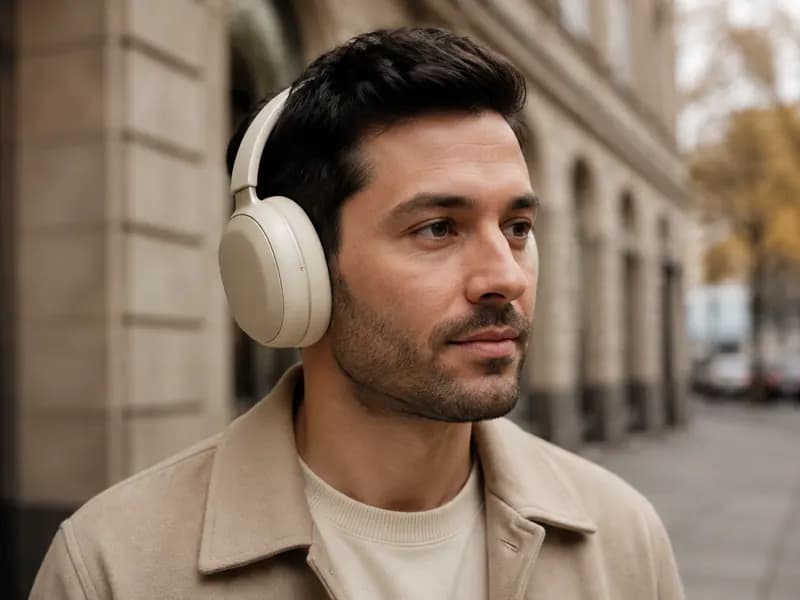 Mann mit kabellosen Over-Ear-Kopfhörern