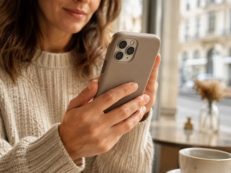 Woman holding a smartphone in a protective case