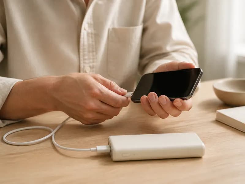 Smartphone wird per USB-Kabel mit einer Powerbank verbunden